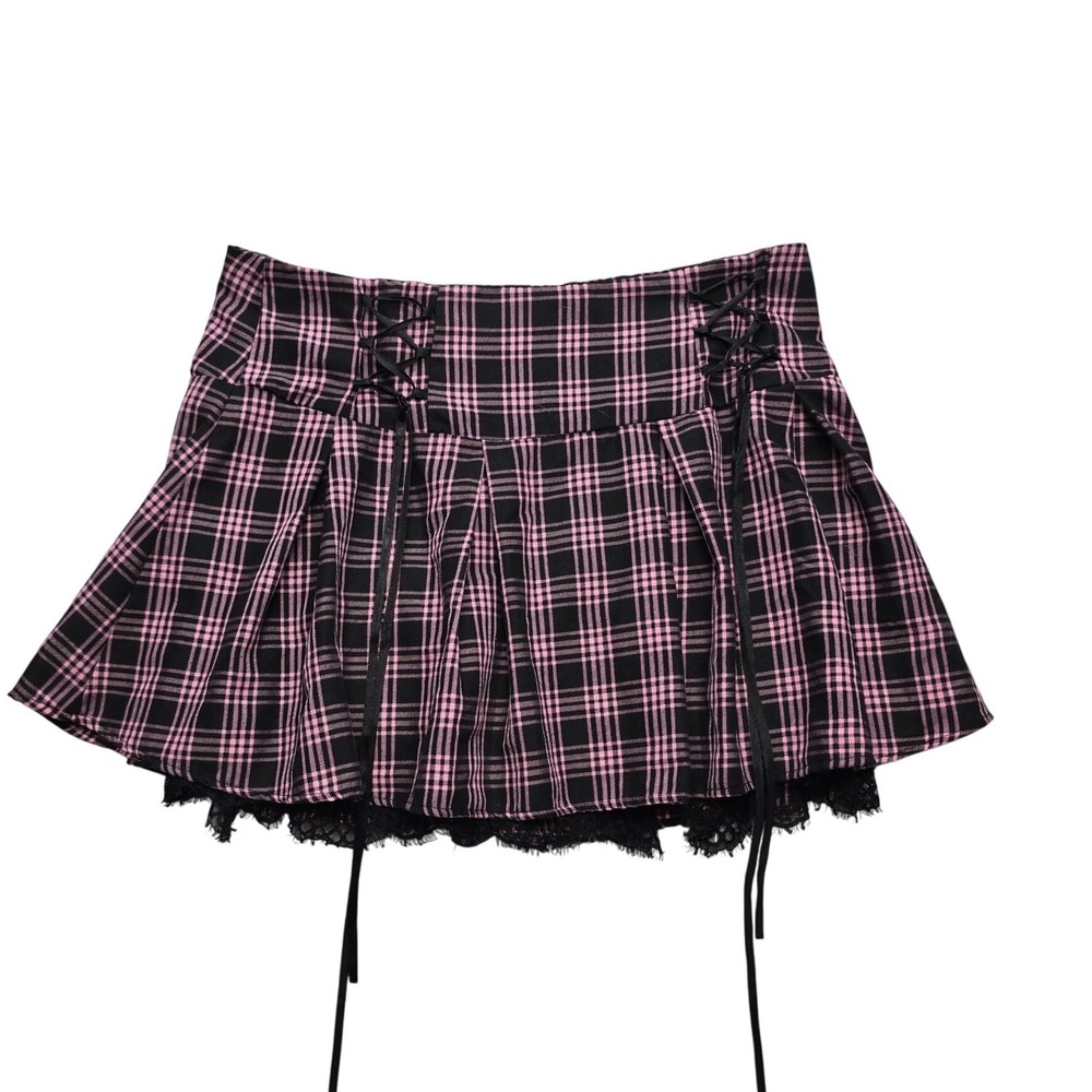 Hot Topic Pink Black Plaid Lace Up Pleated Mini Skirt Goth Punk Emo Womens XL